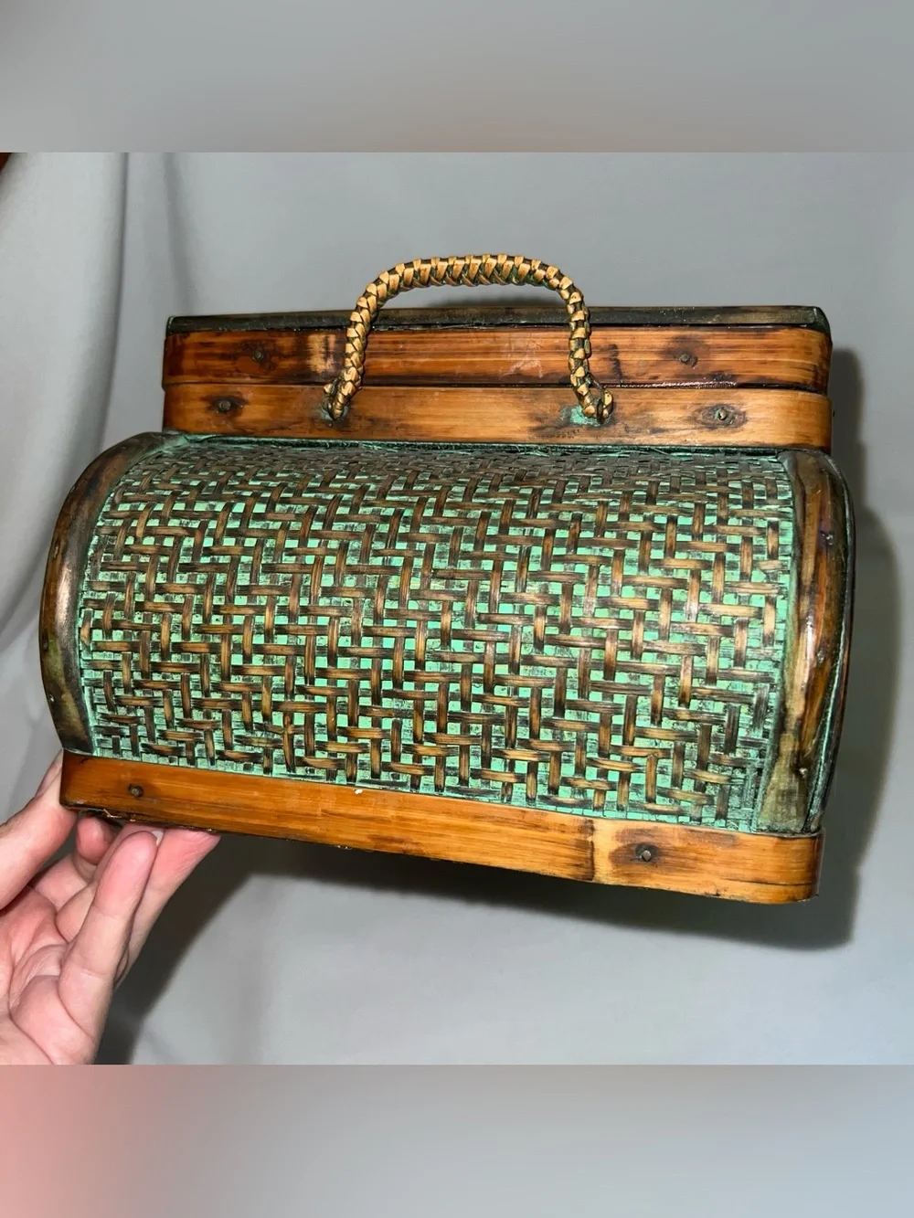Vintage Bombay Weaved Wood Trunk /storage Chest Treasure Box W/ Latch Handles